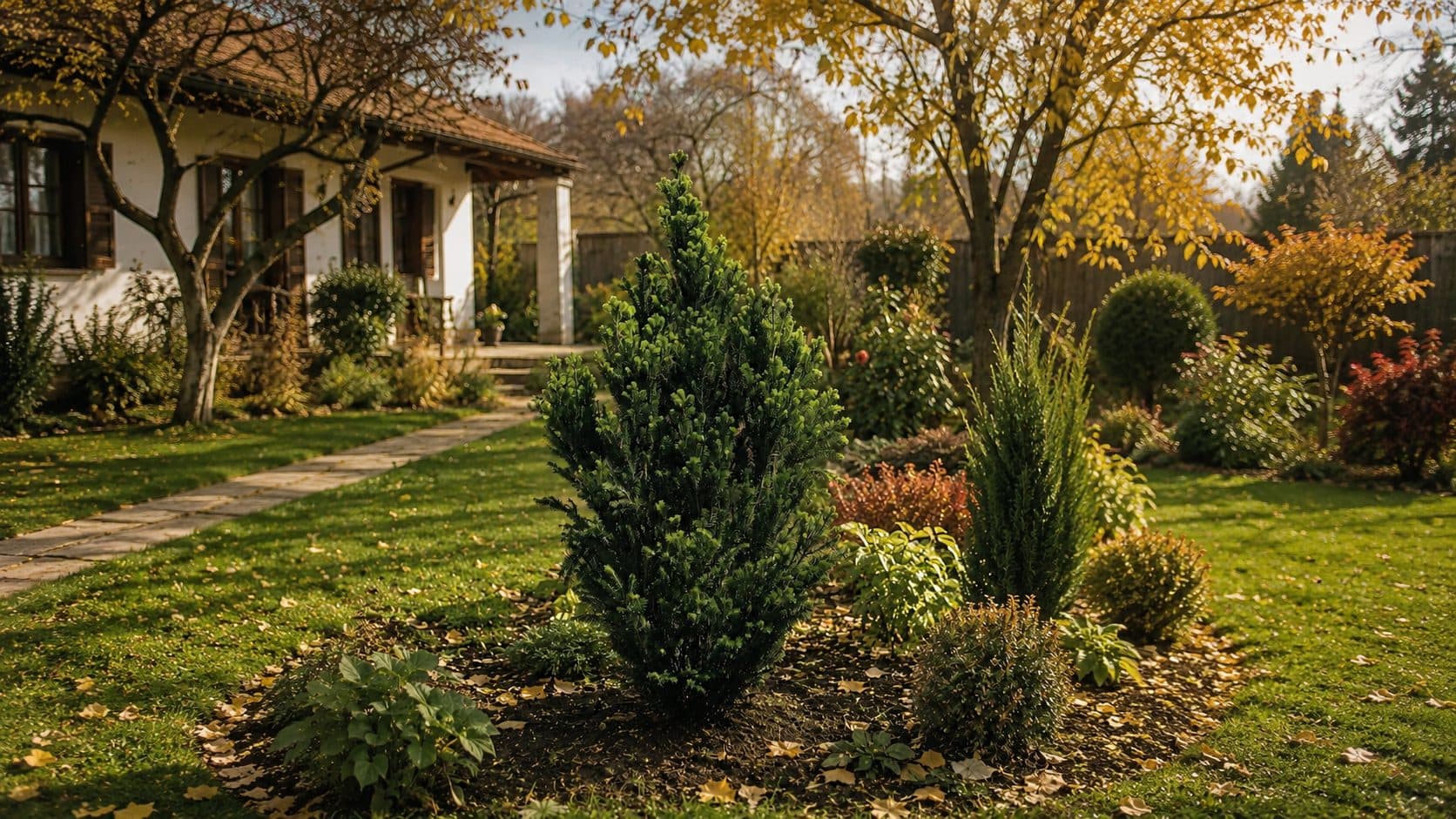 Brad alb piramidal (Abies alba 'Pyramidalis') plantat într-o grădină de toamnă, lângă o alee și o casă