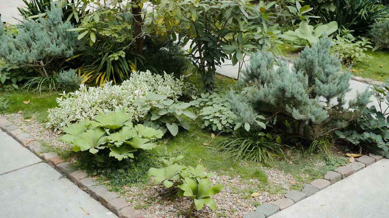 Grădină mică amenajată cu plante ornamentale și arbuști