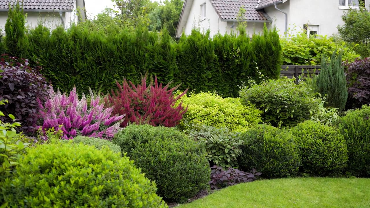 Amenajare spațiu verde cu combinații de arbuști și conifere