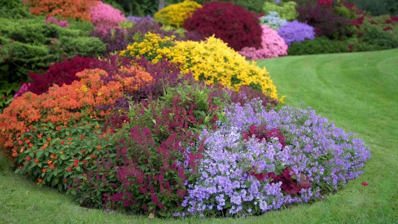 Arbuști ornamentali colorați într-o grădină amenajată