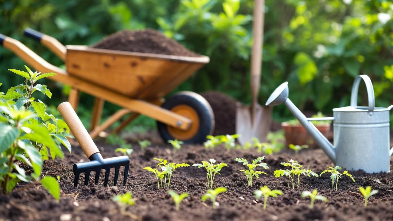 Grădină pregătită pentru primăvară cu plante tinere și unelte