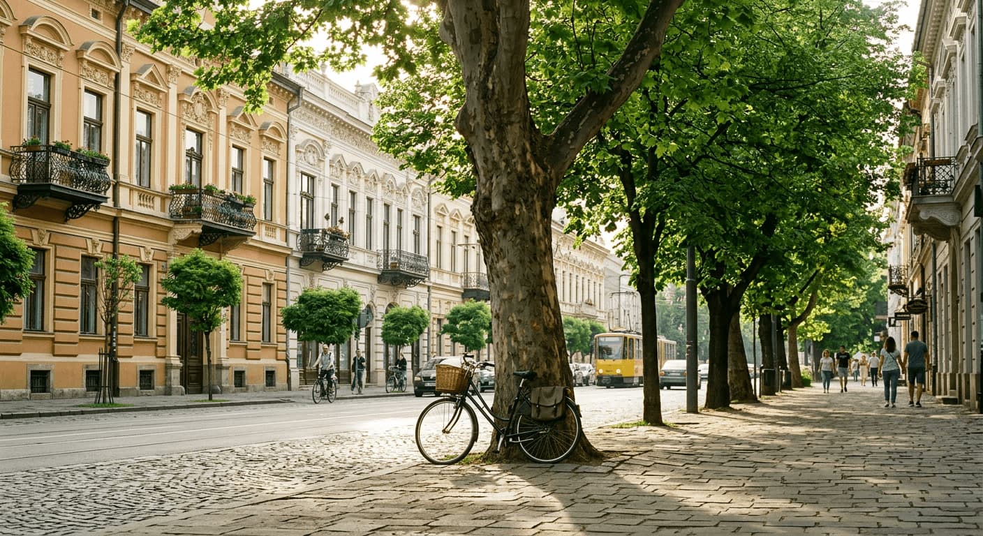 Parc public european cu aliniament de arbori ornamentali, bănci și alei pietonale - soluții Pominova pentru primării și amenajări urbane