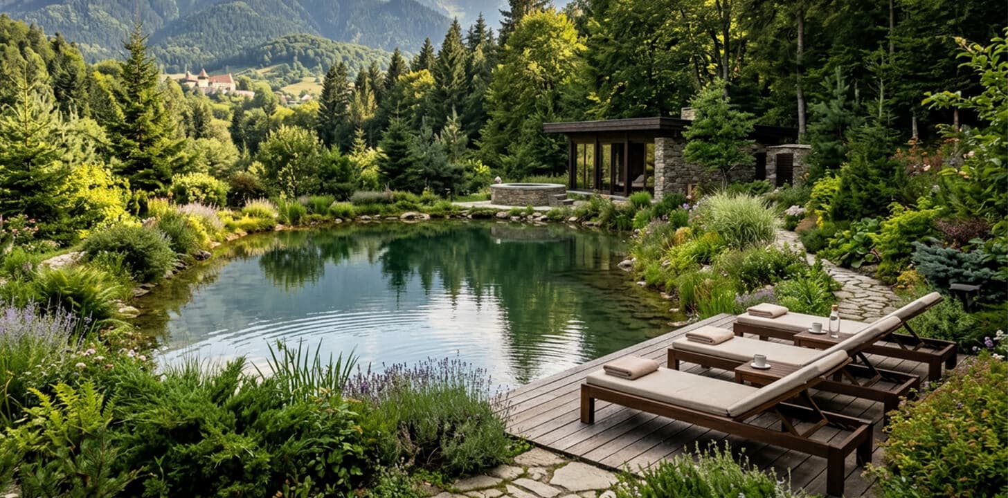 Terasă de stațiune cu plante mediteraneene, graminee ornamentale și pavilion SPA - soluții Pominova pentru aqua parkuri, stațiuni balneare și centre de recuperare