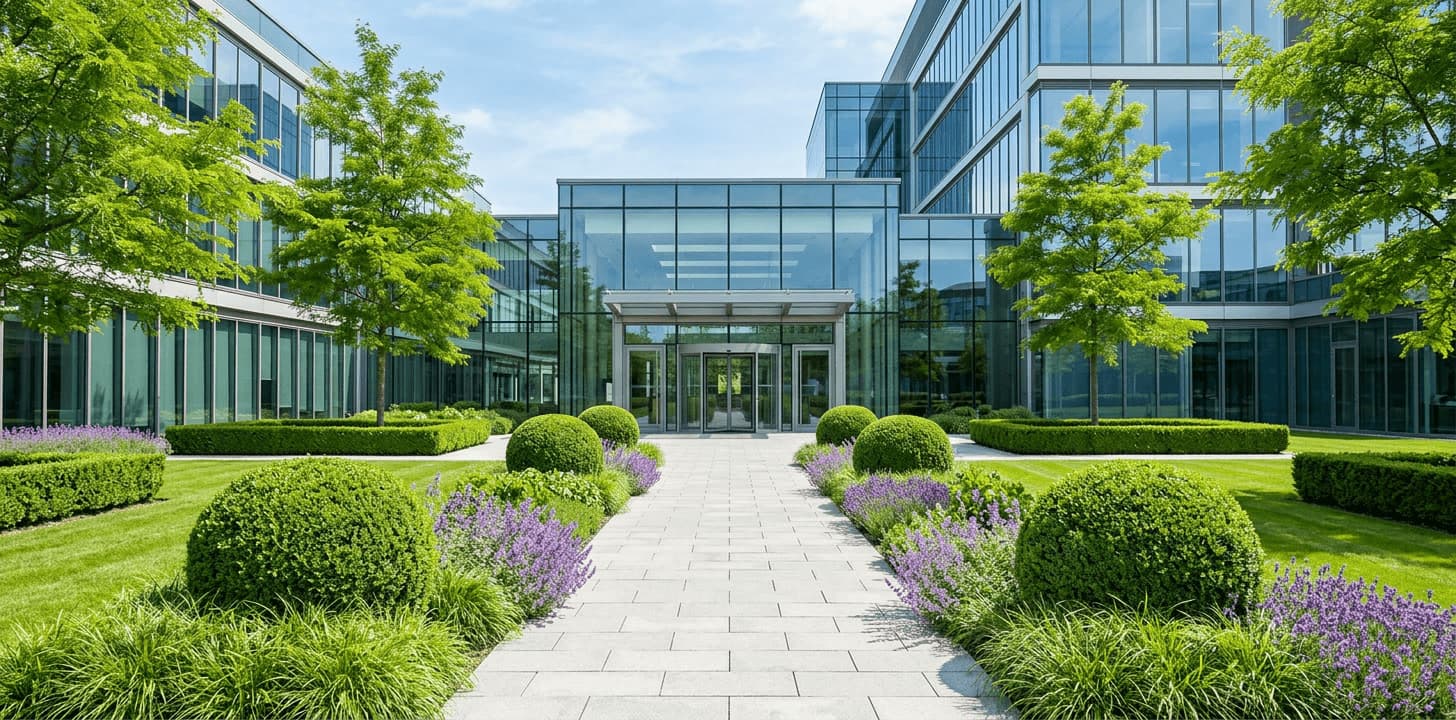 Intrare corporativă amenajată cu topiari, arbori ornamentali și peisagistică impecabilă - soluții Pominova pentru sedii de firme și parcuri industriale